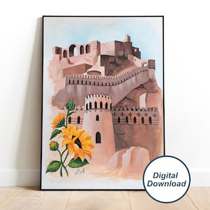 May include: A painting of a brown stone fortress with a tall tower and a wall with arches. The fortress is surrounded by a rocky landscape. There are sunflowers in the foreground.