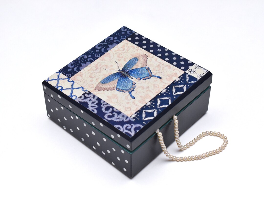 Butterfly Keepsake Box, Dark Blue Jewelry Box, Handcrafted Box ...