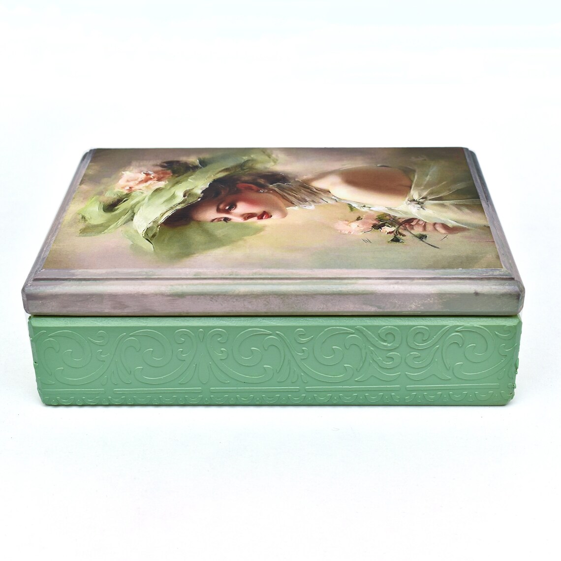 Green Victorian Style Jewelry Box, Keepsake Box With Lid, Decoupage Memory Box, Gift for Teenage
