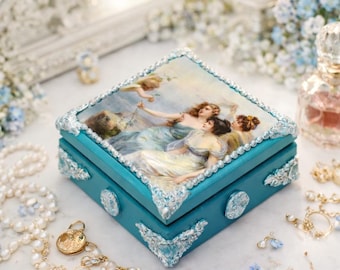 Victorian Decoupage Trinket Box, Teal Wooden Keepsake Box, Turquoise Ring Box, Shabby Chic Storage, Handmade Jewelry Box, Housewarming Gift