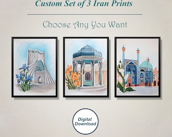 May include: Set of three digital prints featuring watercolour paintings of iconic Iranian landmarks. The prints depict the Tabiat Bridge, a traditional Persian garden pavilion, and a mosque with blue tilework. The prints are available for digital download.