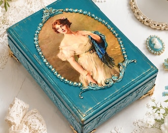 Turquoise Jewelry Box Victorian, Teal Storage Organization, Shabby Chic Memory Box, Vintage Trinket Box, Custom Name Treasure Chest