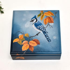 Hand Painted Bird Box, Custom Name Keepsake Chest, Wooden Desk Organization, Blue Jay Case, Handmade Trinket Box, Personalized Gift