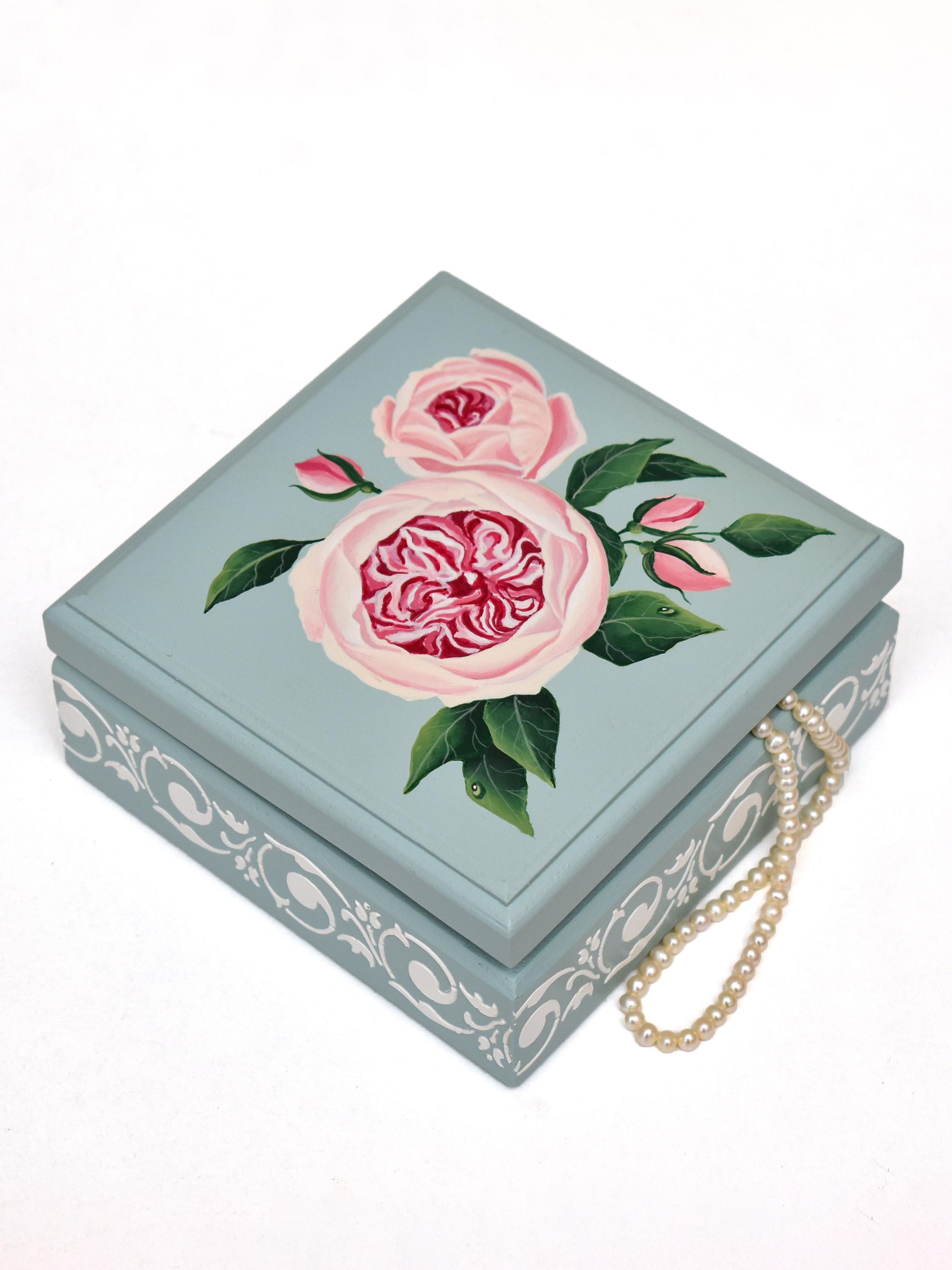 パーソナライズされた手描きのローズジュエリーボックス、カスタム