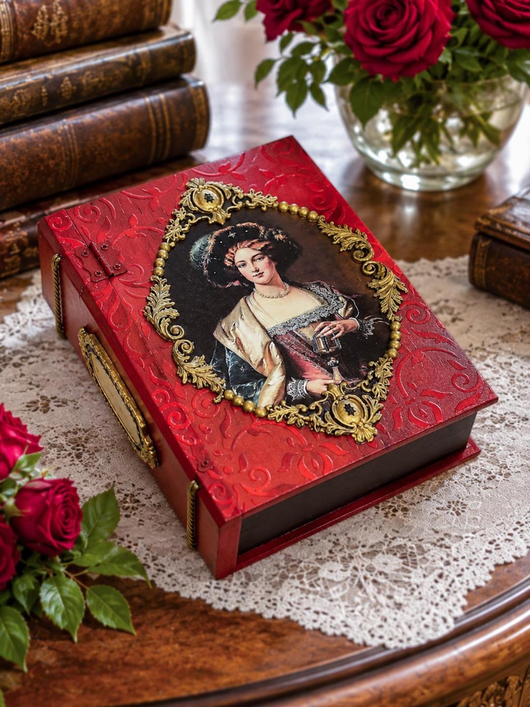 Red Decoupage Wooden Book Box, Victorian Hollow Faux Book Storage