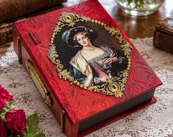 Red Decoupage Wooden Book Box, Victorian Hollow Faux Book Storage, Handmade Trinket Box, Ornate Gold Keepsake Box, Teenager Girl Gifts