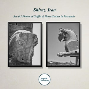 May include: A set of two black and white photographs of ancient stone statues of a griffin and a horse in Persepolis, Iran. The statues are weathered and worn, with intricate details.