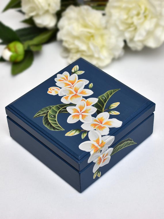 Handpainted Wooden Box Floral, Custom Name Plumeria Keepsake Box
