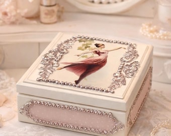 Personalized Jewelry Box, Ballerina Decoupage Box, Pink Wooden Trinket Case, Teenager Girl Gifts, Bridesmaid Present, Vintage Keepsake Box