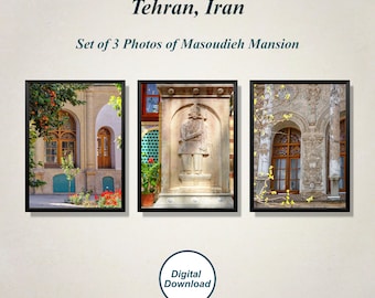 May include: Set of three photos of the Masoudieh Mansion in Tehran, Iran. The photos show a courtyard with a tree, a stone relief of a figure, and a window with an archway.