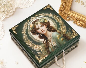 Personalized Decoupage Box, Wooden Jewelry Chest, Green and Gold Decorative Case, Vintage Victorian Keepsake Box, Handmade Gift for Her