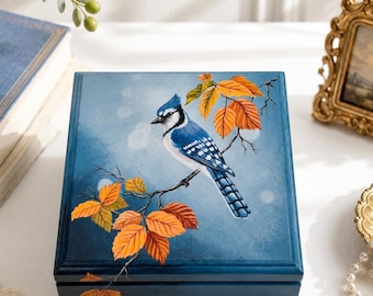 Hand Painted Bird Box, Custom Name Keepsake Chest, Wooden Desk Organization, Blue Jay Case, Handmade Trinket Box, Personalized Gift