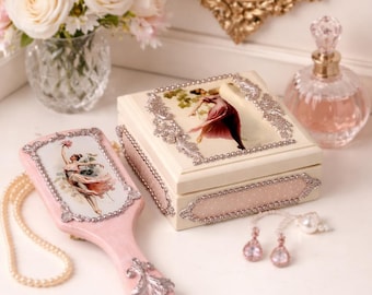 Set of Personalized Ballerina Jewelry Box & Hairbrush, Vintage Trinket Box, Pink Teenager Gifts, Handmade Hair Brush, Antique Wooden Comb