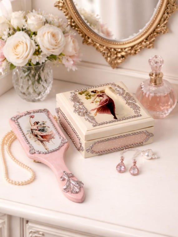 Set of Personalized Ballerina Jewelry Box & Hairbrush, Vintage Trinket Box, Pink Teenager Gifts, Handmade Hair Brush, Antique Wooden Comb