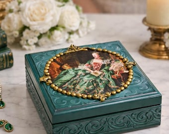 Hand Painted Decoupage Jewelry Box, Victorian Wooden Keepsake Box, Treasure Chest, Green Trinket Box, Decorative Storage Box, Woman's Gift