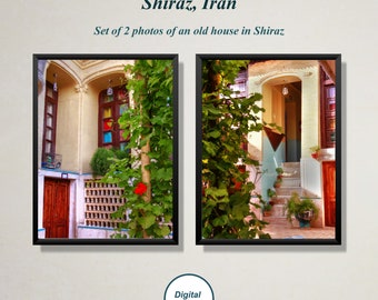 May include: Two photos of an old house in Shiraz, Iran. The house is yellow with a green vine growing up the side. The first photo shows the front of the house with a wooden door and a window with stained glass. The second photo shows the back of the house with a set of stairs leading up to a door.