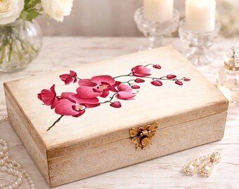 Wooden Teabag Box with Painted Orchids, Vintage Style Teabag Organizer, Floral Treasure Chest, Wooden Sewing Box, Large Floral Trinket Box
