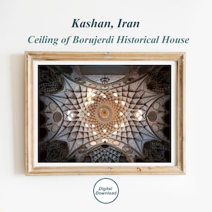 May include: A close-up view of the ornate ceiling of the Borujerdi Historical House in Kashan, Iran. The ceiling is made of intricate geometric patterns and is decorated with small, round lights.