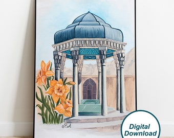 Könnte beinhalten: Ein Aquarellbild einer blauen und weißen Kuppelstruktur mit Säulen, umgeben von orangefarbenen Blumen. Die Struktur steht vor dem Hintergrund eines braunen Gebäudes und eines blauen Himmels. Das Bild ist mit "P.A." signiert.