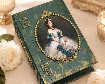 Wooden Book Box, Green Decorated Box, Vintage Style Decoupage Box, Large Keepsake, Wooden Storage Chest, Hollow Book Case, Jewelry Organizer
