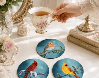 HandPainted Coaster Set of 3, Original Bird Acrylic Painting, Robin Wall Hanging,  Painted Wooden Coaster, Coffee Lovers Gift, Cardinal Bird