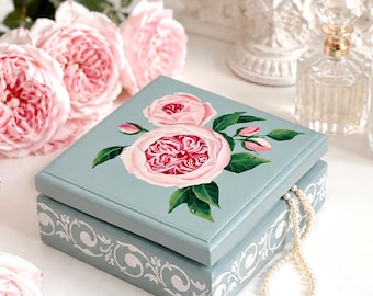 Personalized Hand‑Painted Rose Jewelry Box, Custom Name Keepsake, Vintage Blue Floral Trinket Chest, Handcrafted Gift for Women, Wooden Box