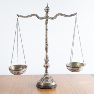 Antique Brass Balance Scale: Floral Enamel Scale of Justice