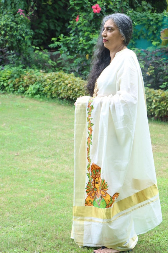 Hand Painted Mural Art on Kerala Kasavu Saree Etsy