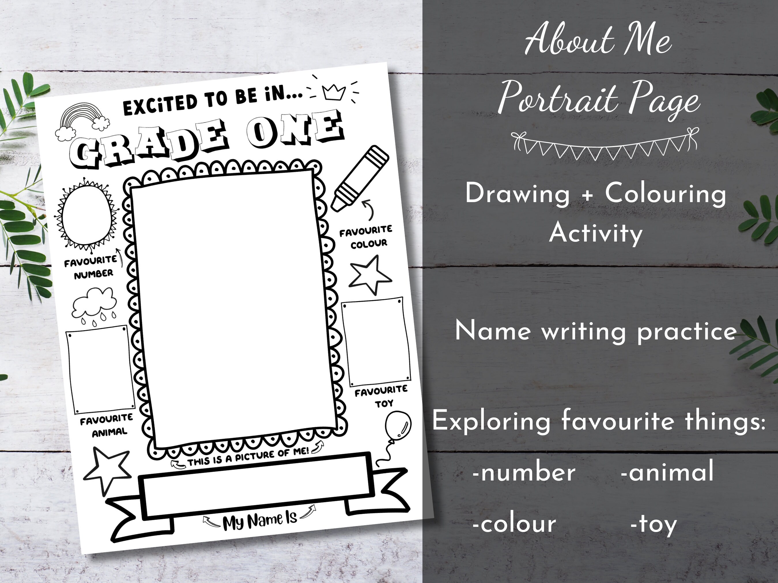Grade one activity sheets 2 pages all about me portrait page