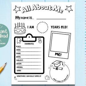All About Me Printable Back to School Activity Page - About Me Worksheet - Teacher Printable About Me Page - Instant Download PDF