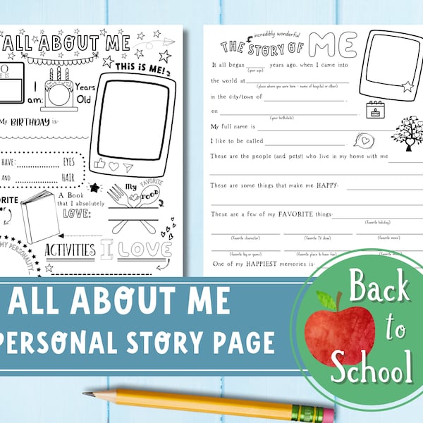 About Me Activity Coloring Pages - 2 Page Digital Printable - All About Me + The Story of Me Pages - US Canada UK Australia versions
