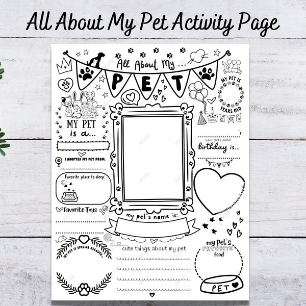 All About My Pet Printable  -  Pet Birthday - Pet Tribute - Cat Dog Hamster Printable Activity Page - Instant Download PDF