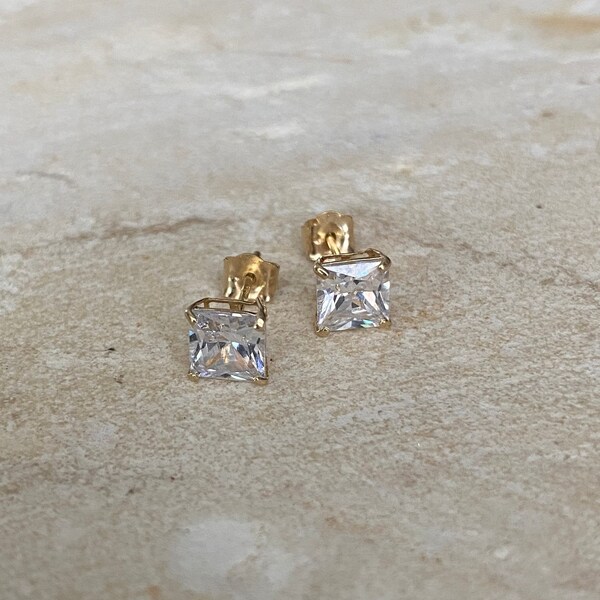 14k Solid Gold Earrings, Shiny Square-Cut Zirconia Stone Stud Earrings for Valentine’s Day, #7