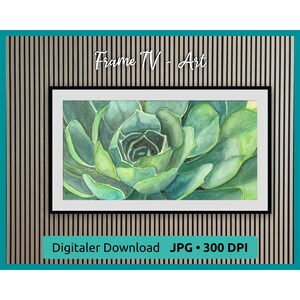 Könnte beinhalten: Ein digitaler Download eines Aquarellbildes einer grünen Sukkulente. Das Bild ist gerahmt und hat oben den Text "Frame TV + Art" und unten "Digitaler Download JPG 300 DPI".