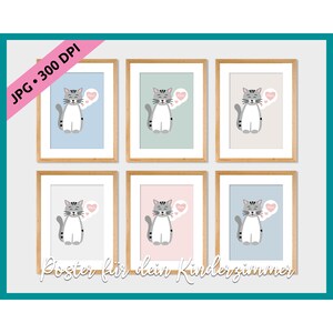 Ilustración gato, descarga digital, mural para imprimir tu mismo, cartel habitación infantil, cartel infantil rosa azul verde menta beige gris