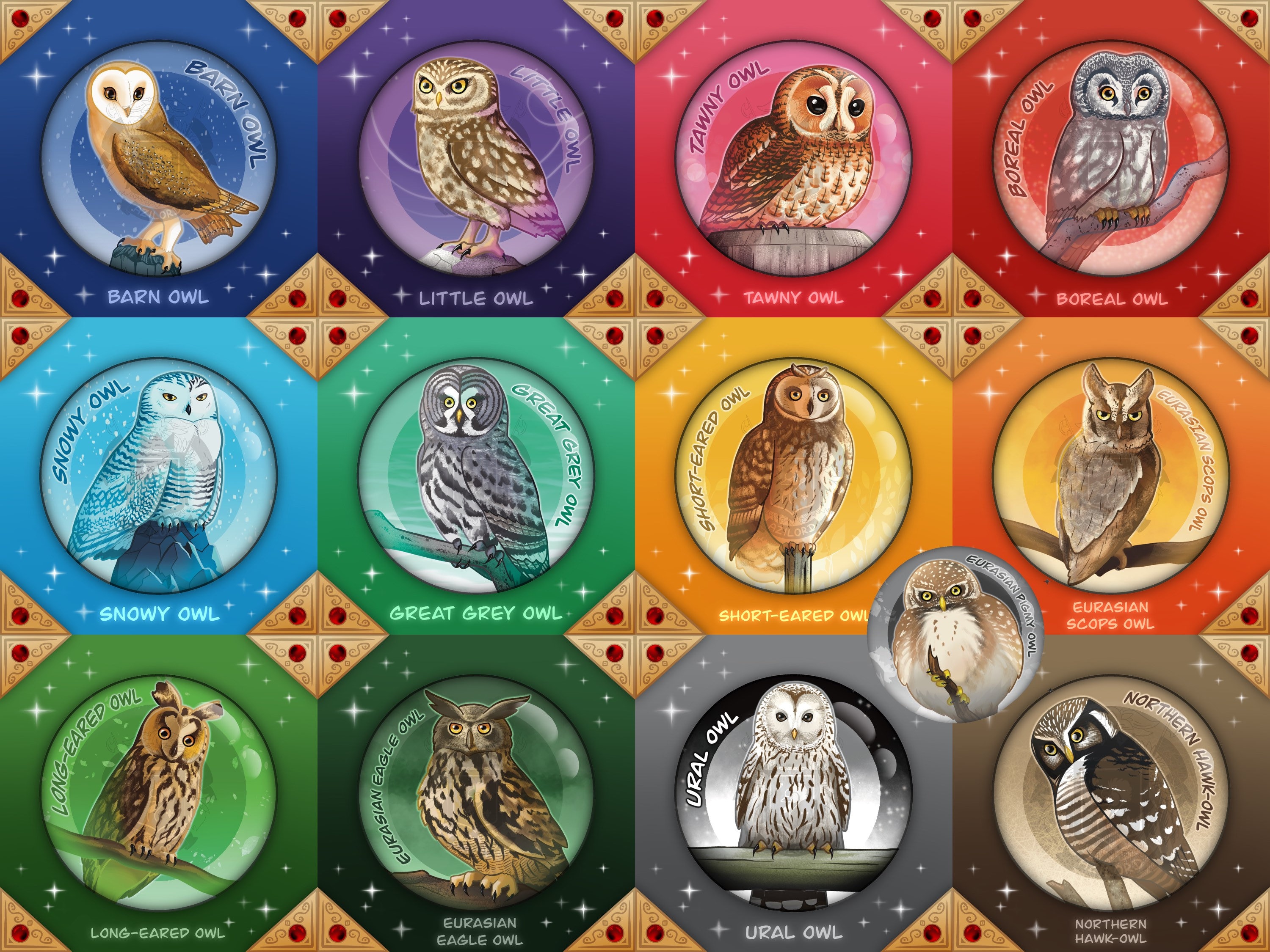 OWLS - BADGES Collection: Tawny Owl, Barn Owl, Snowy Owl, Great Gray Owl, Eurasian Eagle Owl, Short-Eared Owl, Northern Hawk-Owl, Ural Owl