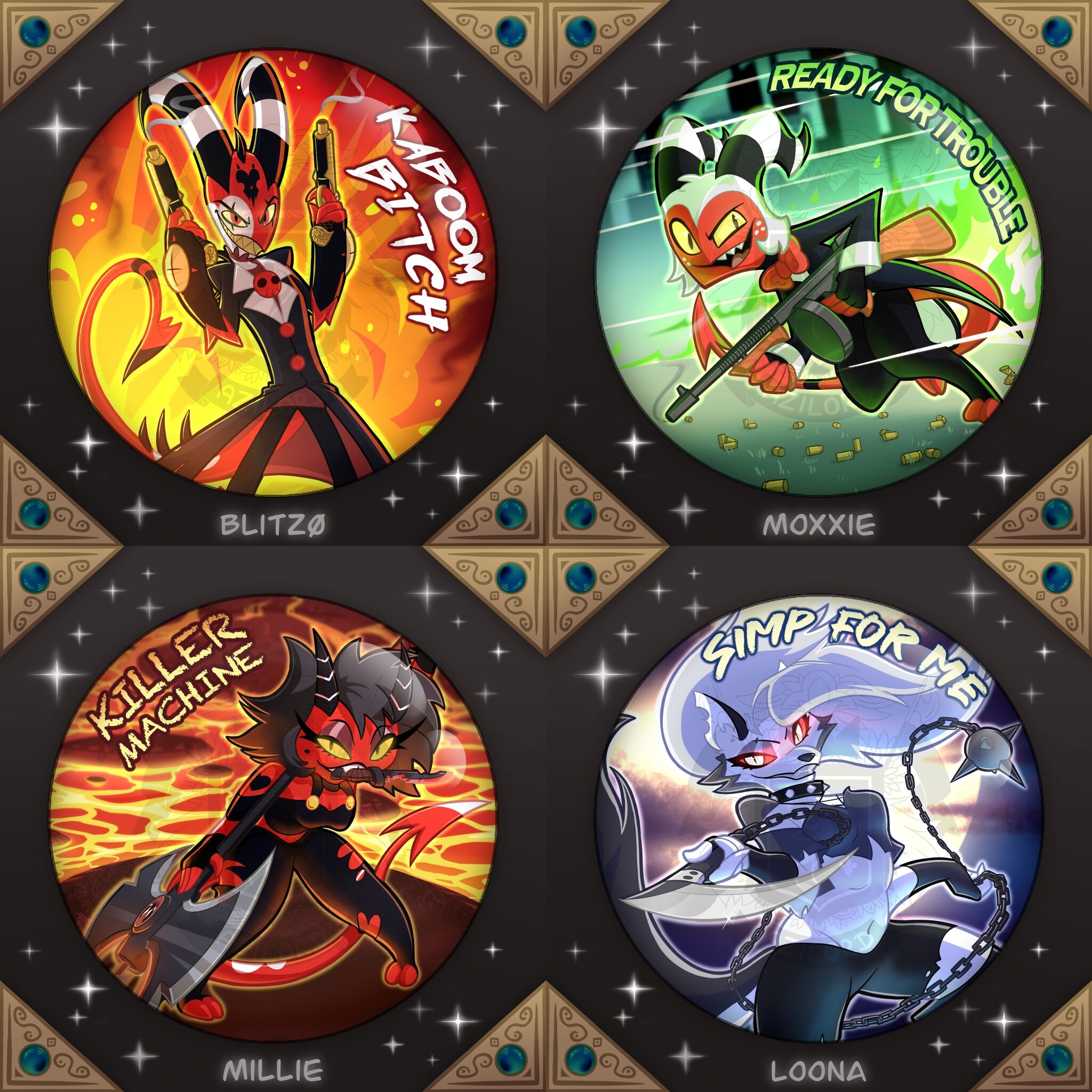 Helluva Boss: Blitzø, Moxxie, Millie, Loona - BIG BADGES / MAGNETS