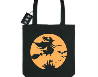 Black printed totebag recycled organic cotton Halloween flying Witch full moon geek