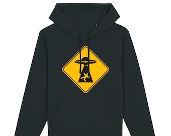 Printed hoodie unisex organic cotton Alien UFO Warning flying saucer geek