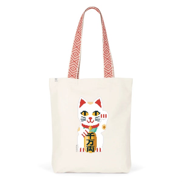 Sac totebag ethnique naturel recyclé coton bio imprimé Manekineko chat porte bonheur Japon pixel geek