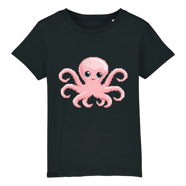 Printed children's t-shirt organic cotton pink Octopus Squid retro pixel geek