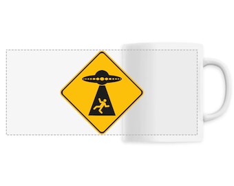 Printed ceramic mug panoramic Alien UFO Warning flying saucer geek 33 cl