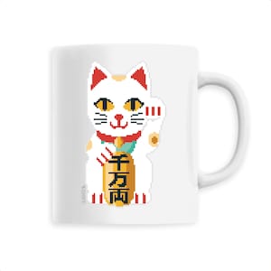 Printed ceramic mug Manekineko lucky charm cat Japan pixel geek 33 cl