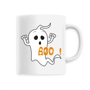May include: White ceramic mug with a cartoon ghost illustration and the word "BOO!" in orange.