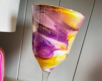 Set of 1, 2, 4 or 6 purple yellow watercolour hand decorated wine or Prosecco glasses
