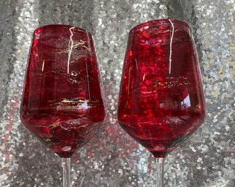 Set of 1, 2, 4 or 6 Beautiful red and gold hand decorated stemmed wine or Prosecco glasses
