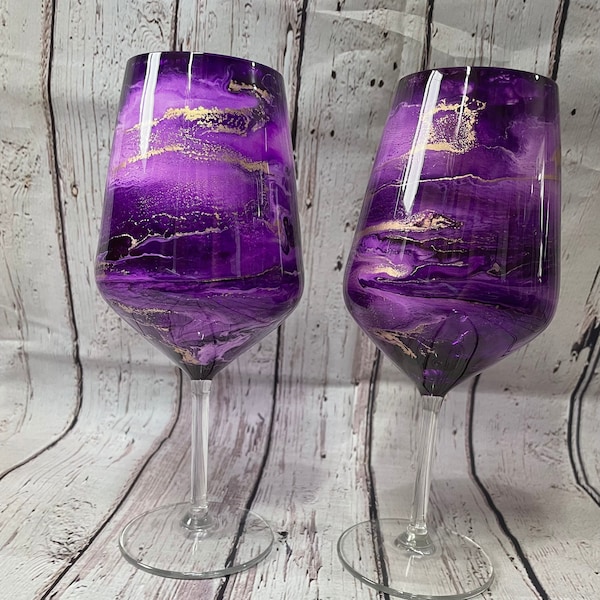 Lot de 1, 2, 4 ou 6 beaux verres à vin ou à prosecco sans pied violet clair et or décorés à la main