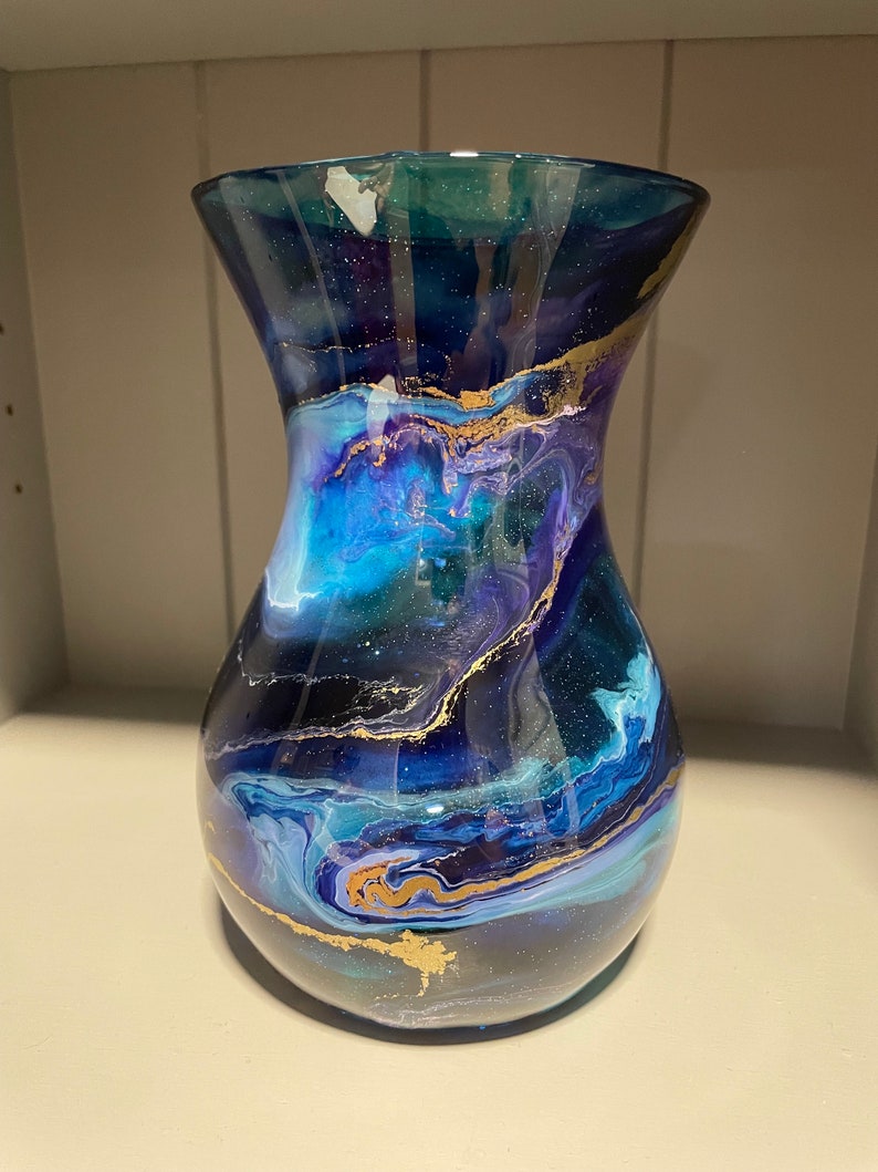 Hand decorated 18cm tall blue purple and turquoise design glass vase, ideal gift for new Home, friend, mum, wedding, thank you image 3