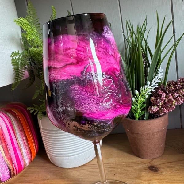 Hand Decorated Wine Glasses: Black, Pink, Purple & Silver