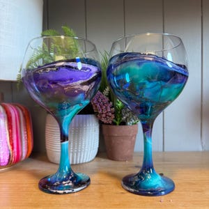 Hand Decorated Gin Glass: Blue Turquoise Purple Gold or Silver